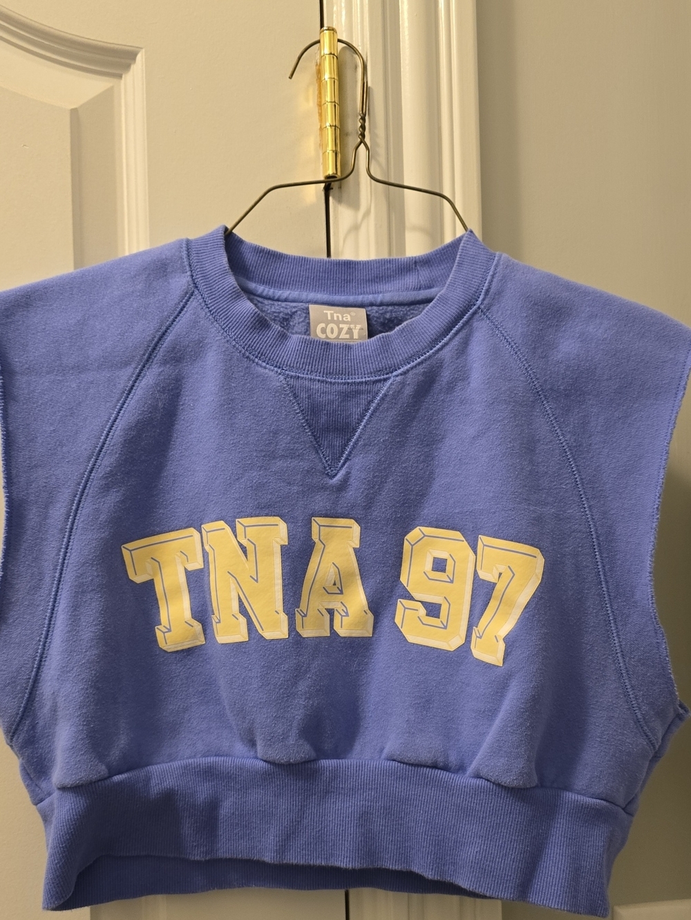 TNA Sleeveless Cozy Cropped Sweatshirt in Lavender with Yellow Logo
